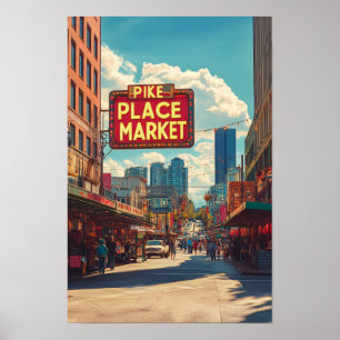 Pike Place Market Seattle Illustration Travel Poster