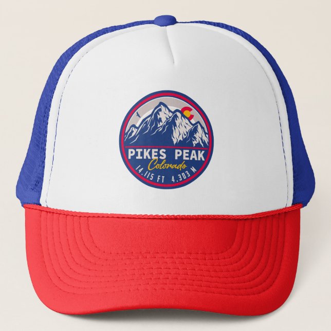 Pikes Peak Colorado Mountain Camping Hiking Trucker Hat (Front)