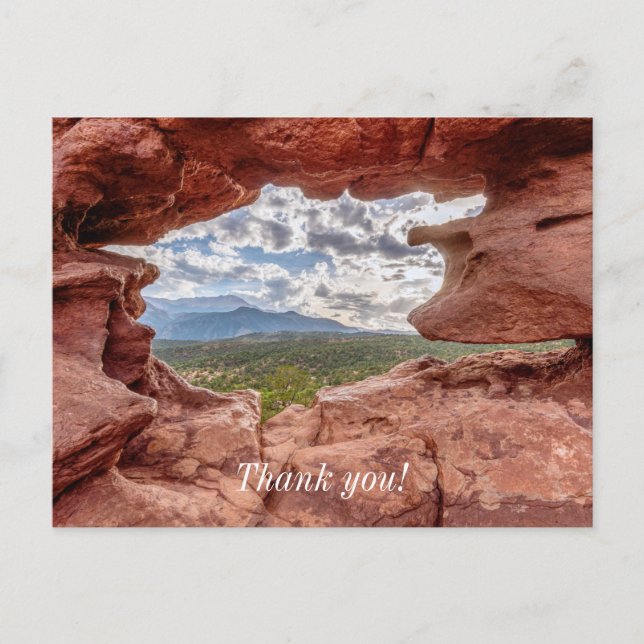 Pikes Peak Through A Rock Hole Thank you Postcard (Front)