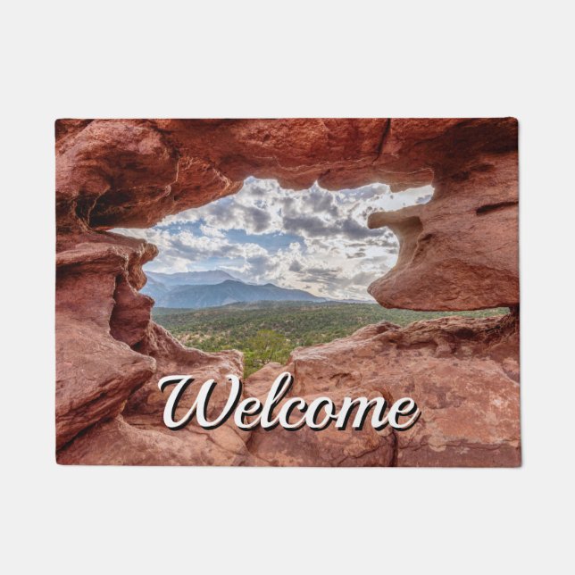 Pikes Peak Through A Rock Hole Welcome Doormat (Front)