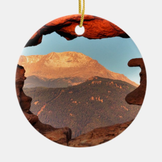 Pikes Peak through Sandstone Hole 02 Ceramic Ornament (Front)