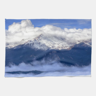 Pikes Peak with Fresh Snowfall and Clouds Tea Towel