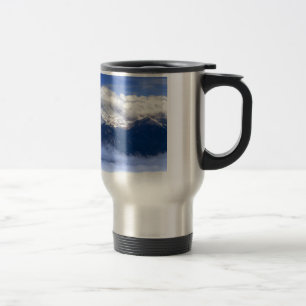 Pikes Peak with Fresh Snowfall and Clouds Travel Mug