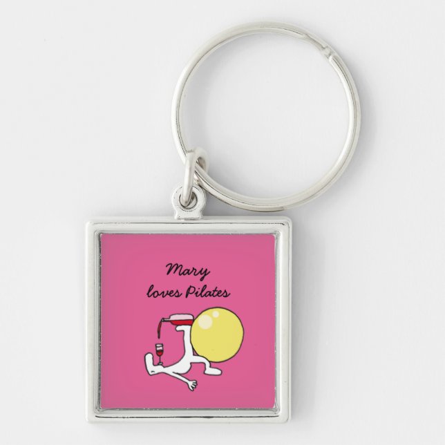 Pilates for wine lovers square keychain, pink key ring (Front)