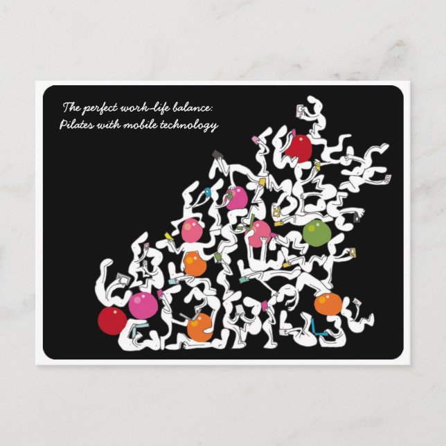 Pilates + handheld technology postcard, black postcard (Front)