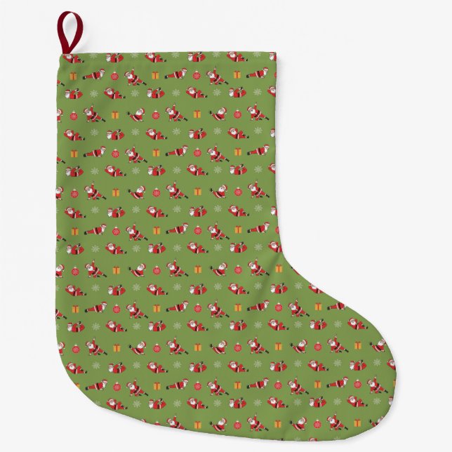 Pilates Santa Seamless Christmas Patterns Large Christmas Stocking (Front)