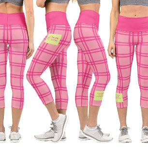 Pilates Yoga Pink Check Personalized Text Capri Leggings