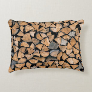 Pile of brown firewood decorative cushion