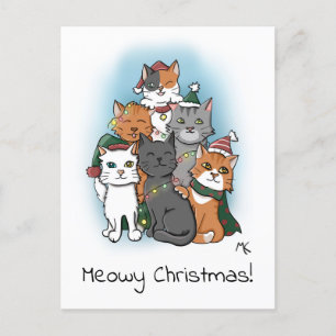Pile of Cartoon Cats in Christmas Hats Holiday Postcard