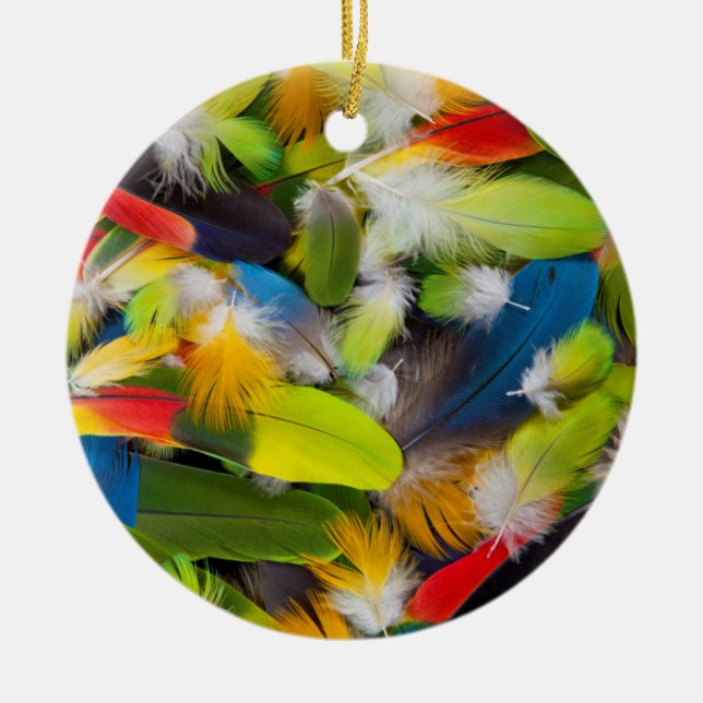 Pile of colourful feathers ceramic tree decoration (Front)