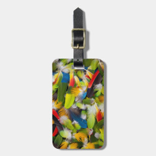 Pile of colourful feathers luggage tag