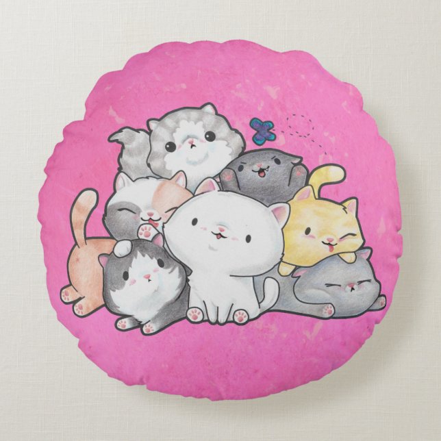 Pile of Kittens Round Cushion (Front)