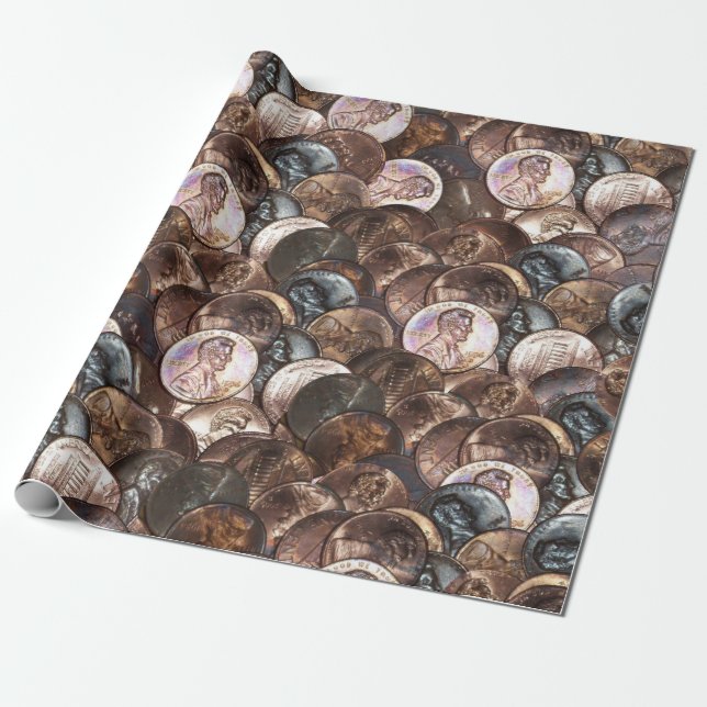 Pile of Pennies - One Cent Penny Spread Background Wrapping Paper (Unrolled)