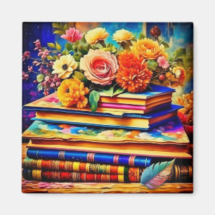 Pile of Vintage Books and Flowers Magnet