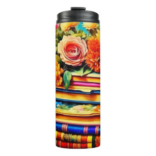 Pile of Vintage Books and Flowers Thermal Tumbler