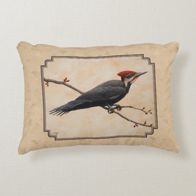 Pileated Woodpecker Tan Decorative Cushion (Front)
