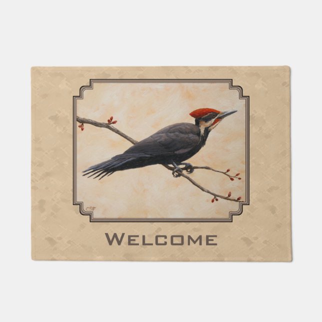 Pileated Woodpecker Tan Doormat (Front)