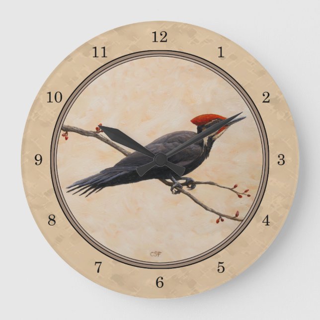 Pileated Woodpecker Tan Large Clock (Front)