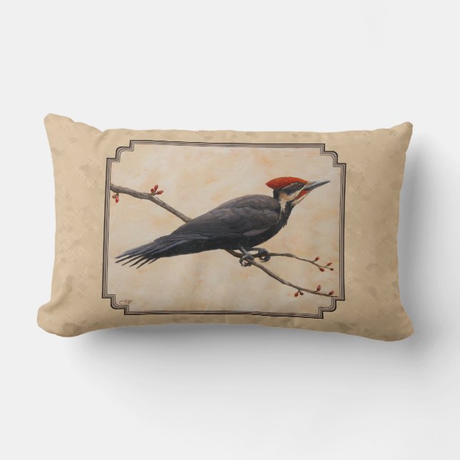 Pileated Woodpecker Tan Lumbar Cushion (Front)