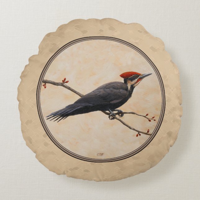 Pileated Woodpecker Tan Round Cushion (Front)