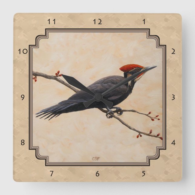 Pileated Woodpecker Tan Square Wall Clock (Front)