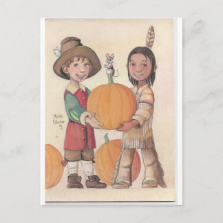 pilgrim boy and indian boy postcard