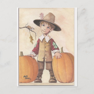 pilgrim boy with pumpkins postcard