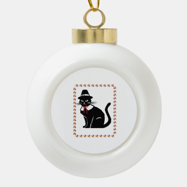 Pilgrim Cat Oversized T-Shirt Ceramic Ball Christmas Ornament (Front)