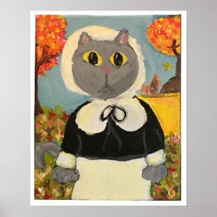 Pilgrim Cat Thanksgiving Girl Painting Folk Art  Poster