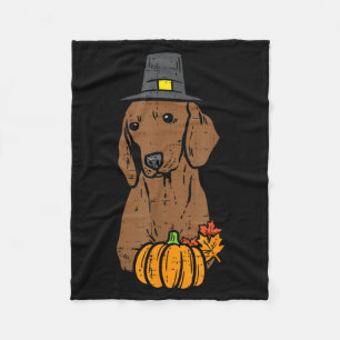 Pilgrim Dachshund Pumpkin Leaves Thanksgiving Fleece Blanket