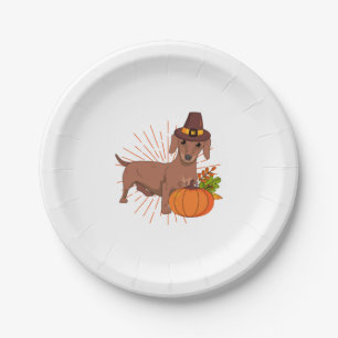 Pilgrim dachshund pumpkin leaves Thanksgiving  Paper Plate