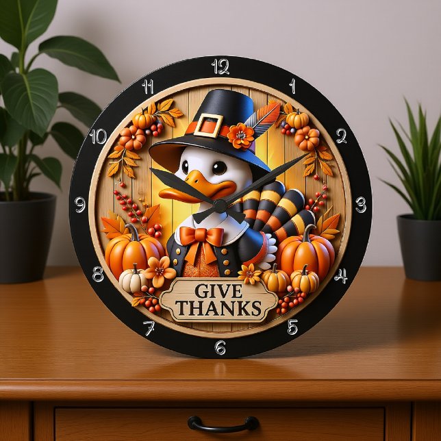 Pilgrim Duck Give Thanks Sign Large Clock (Creator Uploaded)