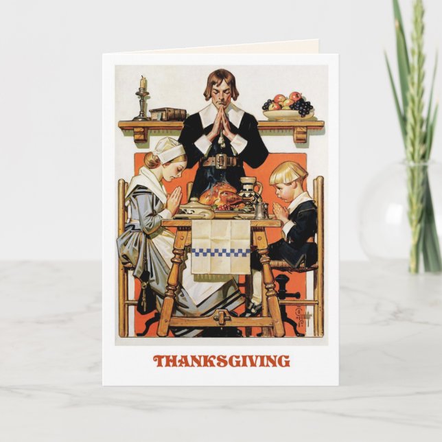 Pilgrim Family. Thanksgiving Greeting Cards (Front)