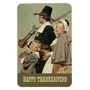 Pilgrim Family. Vintage Art Thanksgiving Gift Magnet