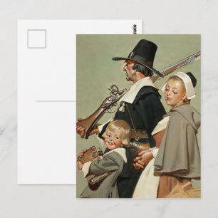 Pilgrim Family. Vintage Art Thanksgiving Postcard