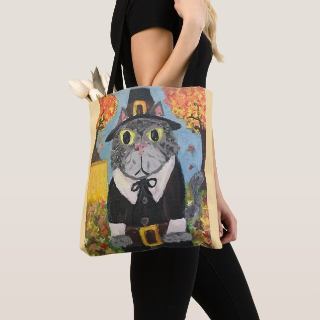Pilgrim Folk Art Thanksgiving Cats Double Side Tote Bag (Close Up)