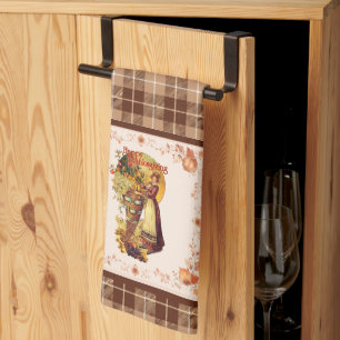 Pilgrim Girl on Plaid Thanksgiving Tea Towel