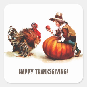 Pilgrim Kid & Turkey Design Thanksgiving Stickers