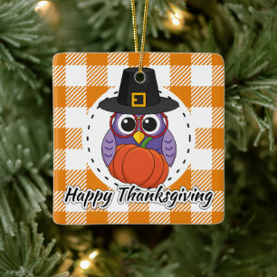 Pilgrim Owl on Orange Plaid - Happy Thanksgiving Ceramic Ornament