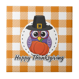 Pilgrim Owl on Orange Plaid - Happy Thanksgiving Ceramic Tile