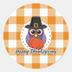 Pilgrim Owl on Orange Plaid - Happy Thanksgiving Classic Round Sticker
