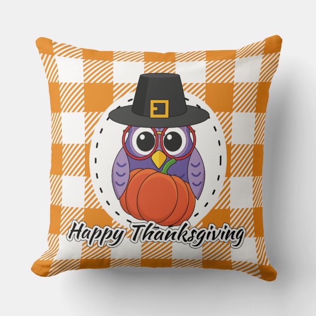 Pilgrim Owl on Orange Plaid - Happy Thanksgiving Cushion (Front)
