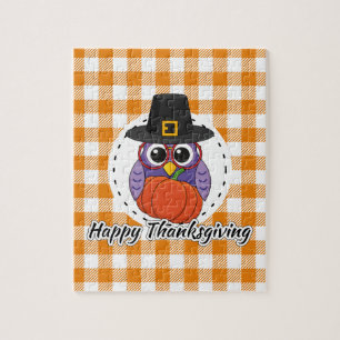 Pilgrim Owl on Orange Plaid - Happy Thanksgiving Jigsaw Puzzle