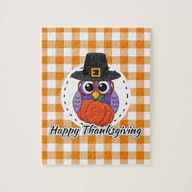 Pilgrim Owl on Orange Plaid - Happy Thanksgiving Jigsaw Puzzle (Vertical)