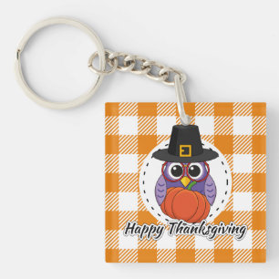 Pilgrim Owl on Orange Plaid - Happy Thanksgiving Key Ring