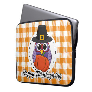 Pilgrim Owl on Orange Plaid - Happy Thanksgiving Laptop Sleeve