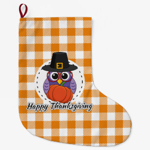 Pilgrim Owl on Orange Plaid - Happy Thanksgiving Large Christmas Stocking