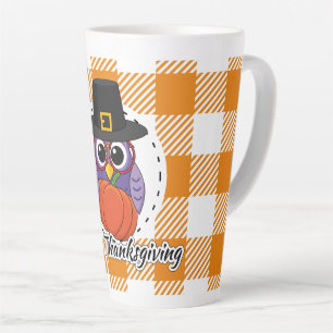 Pilgrim Owl on Orange Plaid - Happy Thanksgiving Latte Mug