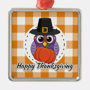 Pilgrim Owl on Orange Plaid - Happy Thanksgiving Metal Ornament
