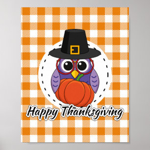 Pilgrim Owl on Orange Plaid - Happy Thanksgiving Poster